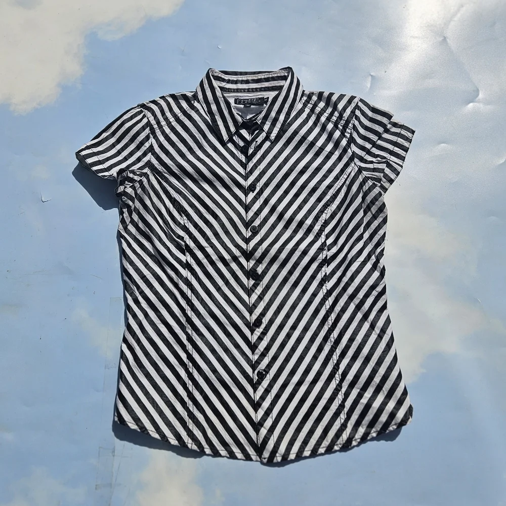 Tripp NYC Black & White Top Y2k Early 2000s Short Sleeve Button Down Goth Tripp - Picture 10 of 12